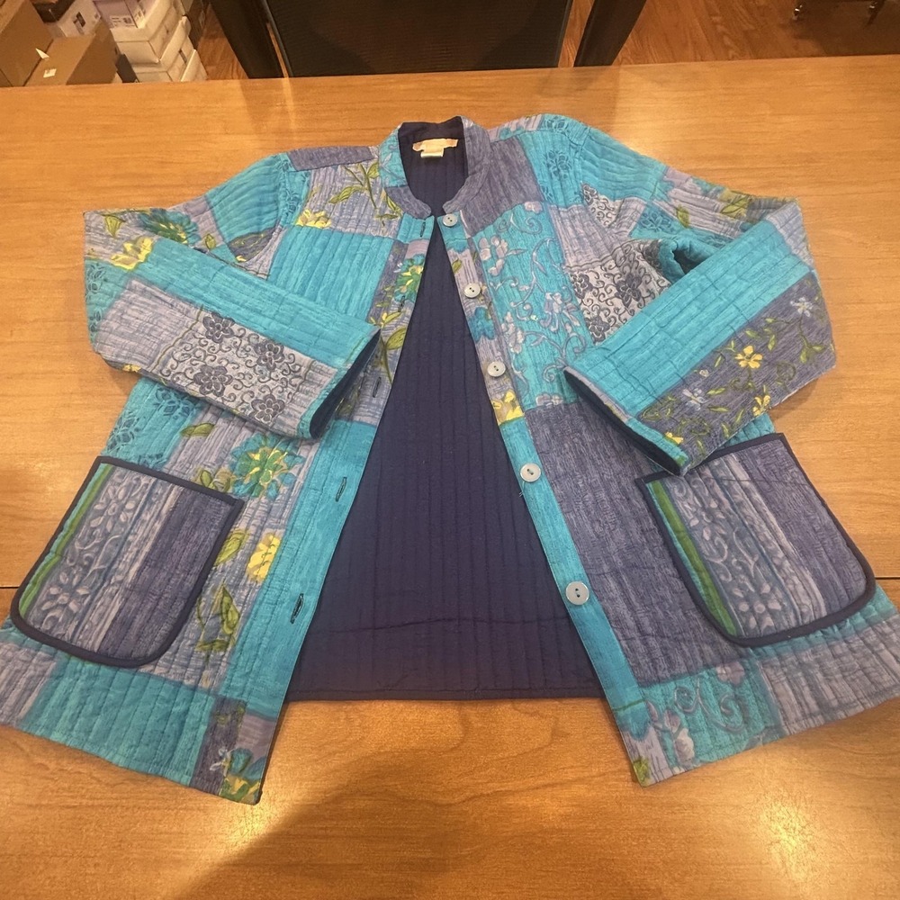 La‎ Cera Jacket Womens Medium Blue Cotton Quilted Reversible Boho Floral Pockets